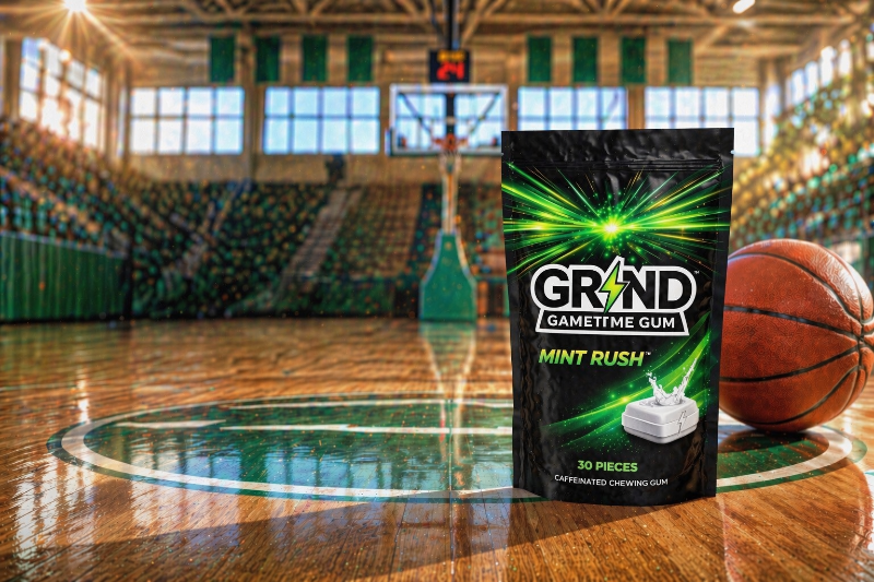 Grind Game Time Gum package on a basketball court